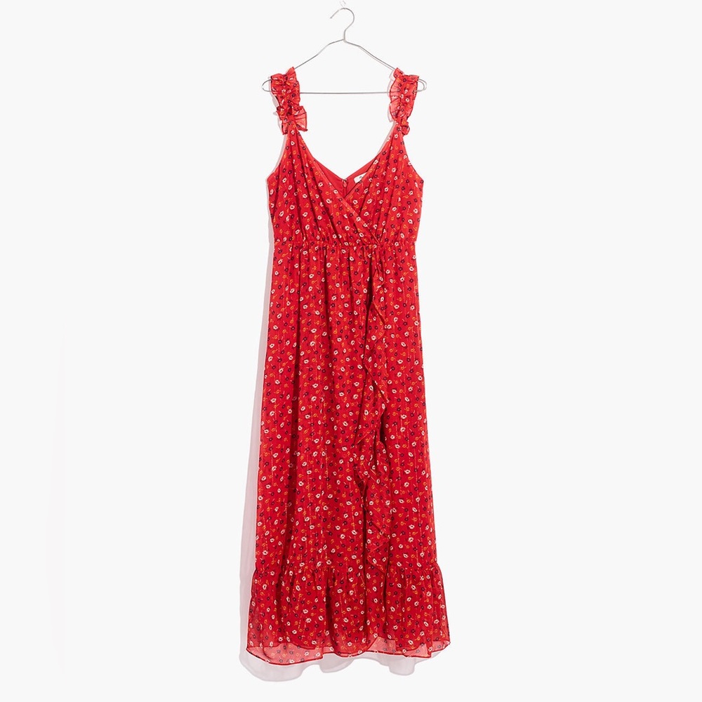 Red Madewell Ruffle-Strap Wrap Dress in Metallic-Striped Prairie Posies